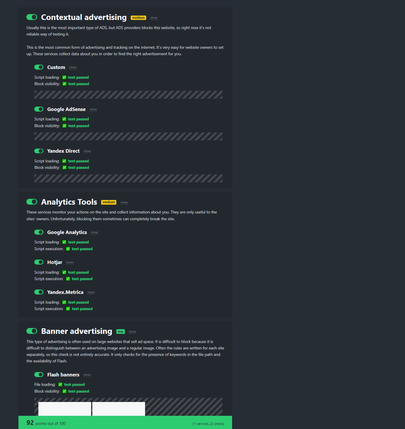 Aura AdBlock Tester results