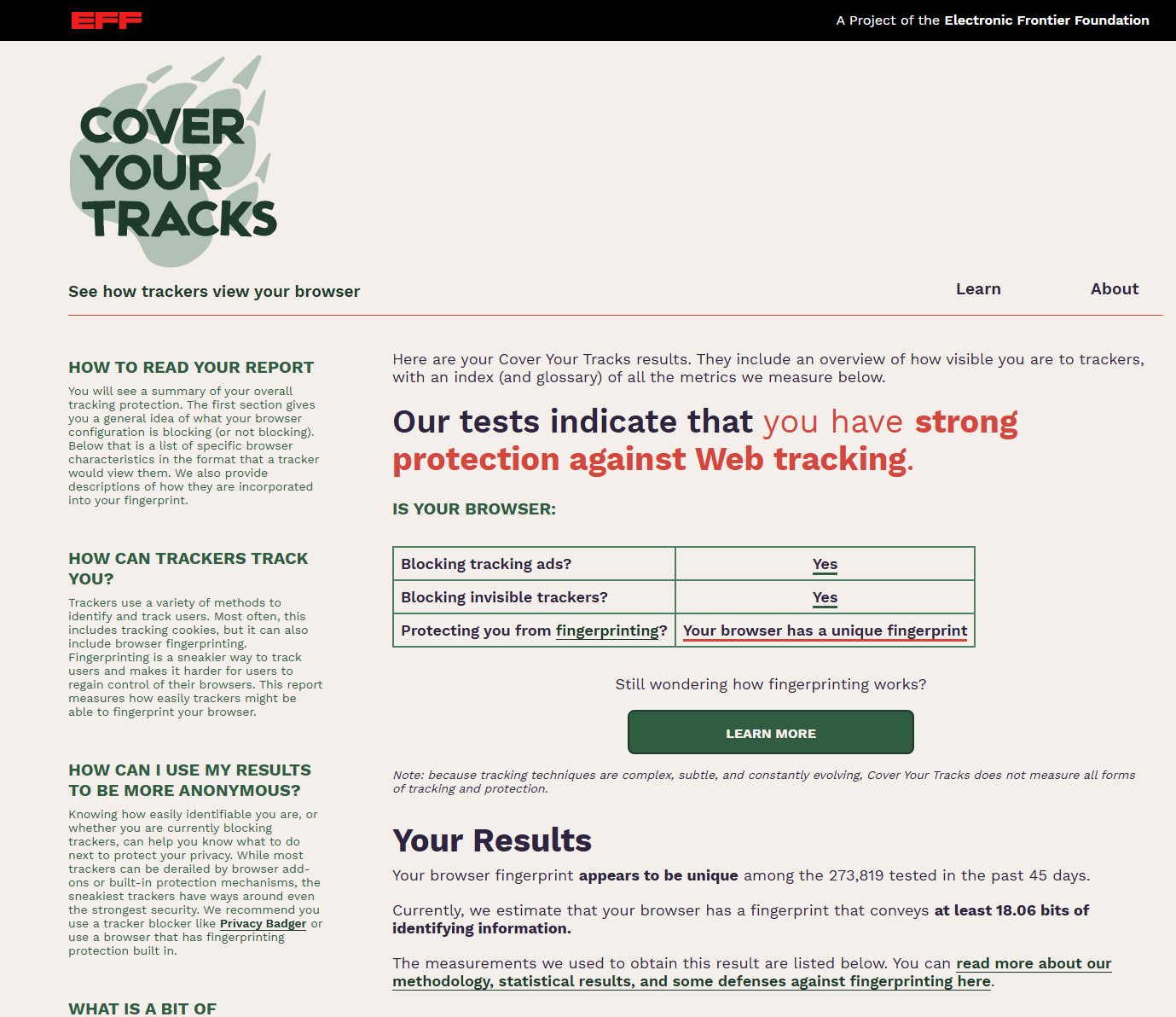 Aura Cover Your Tracks test results