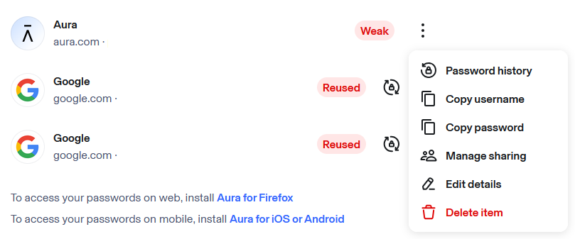 Aura Password Manager password strength report