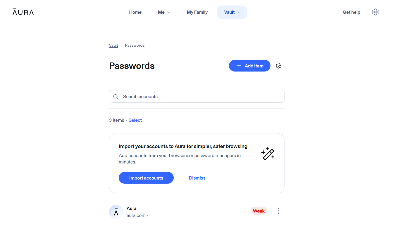 Aura import and export passwords feature with password strength report