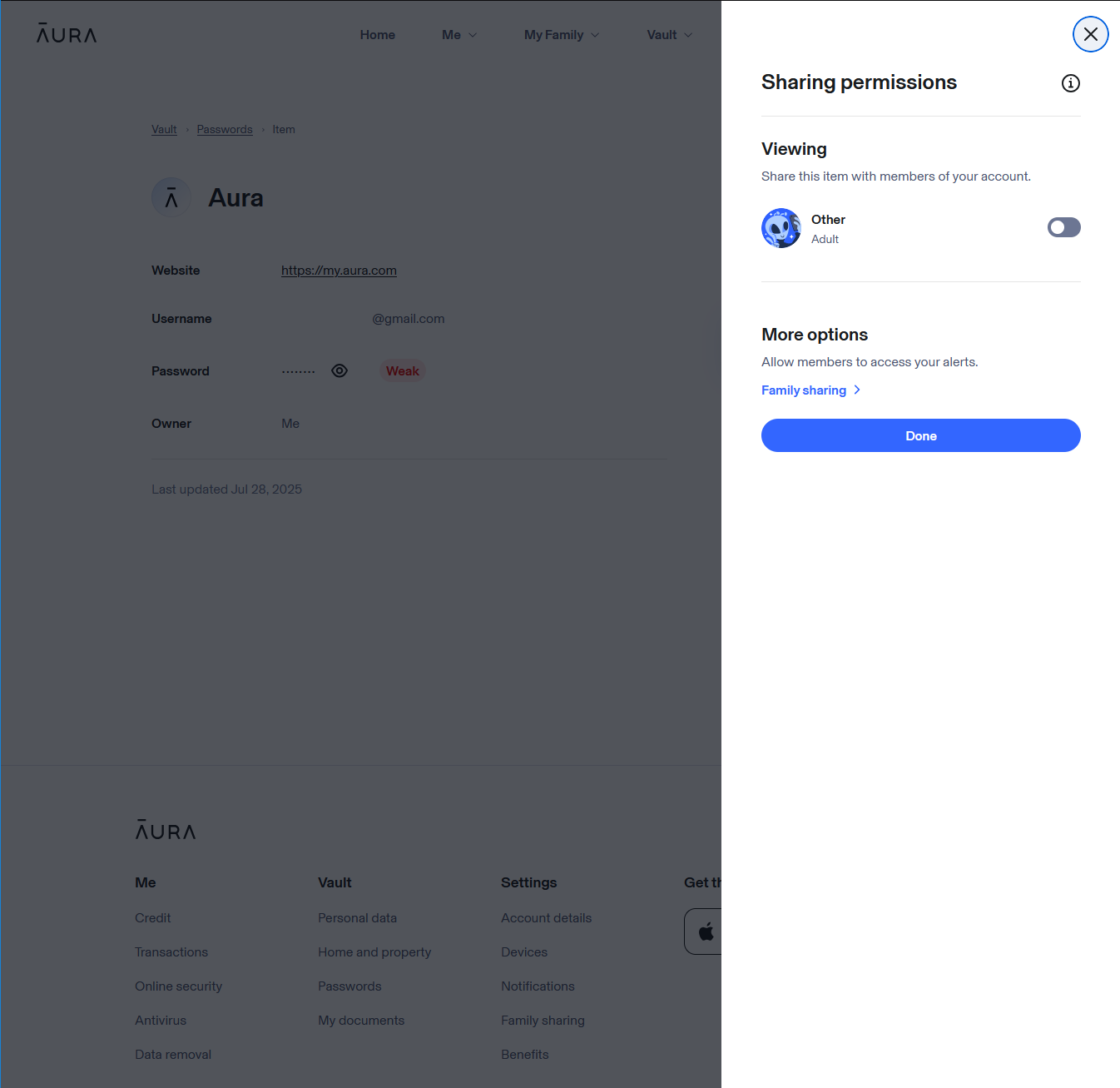 Aura password sharing feature