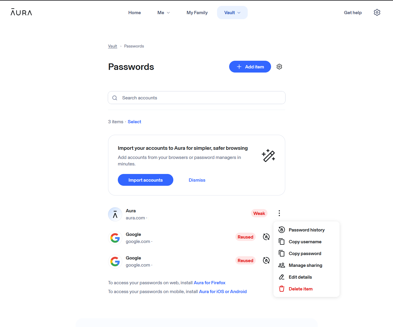 Aura import passwords feature for All About Cookies review