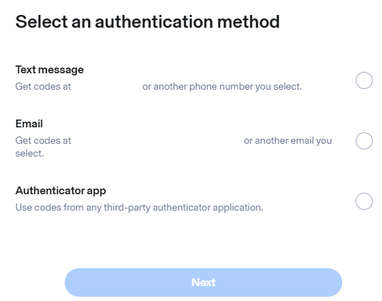 Aura pop-up to select an authentication method (text message, email, authenticator app)
