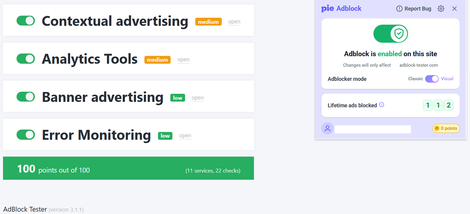 Pie Adblock's Adblock Tester results (100/100)