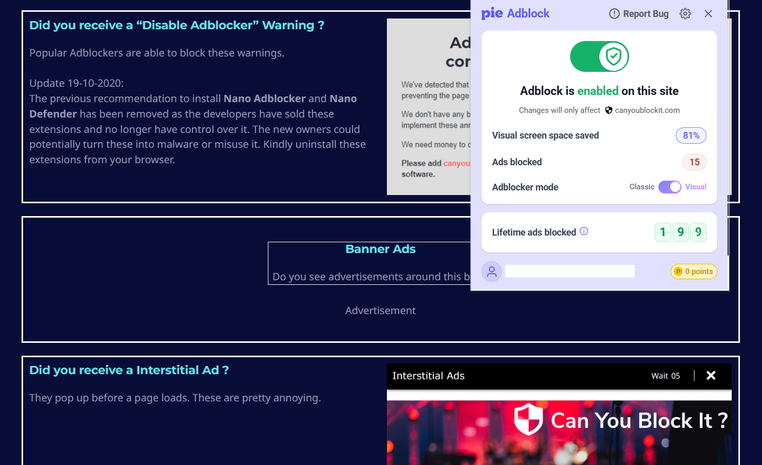 Pie Adblock's Can You Block It tests