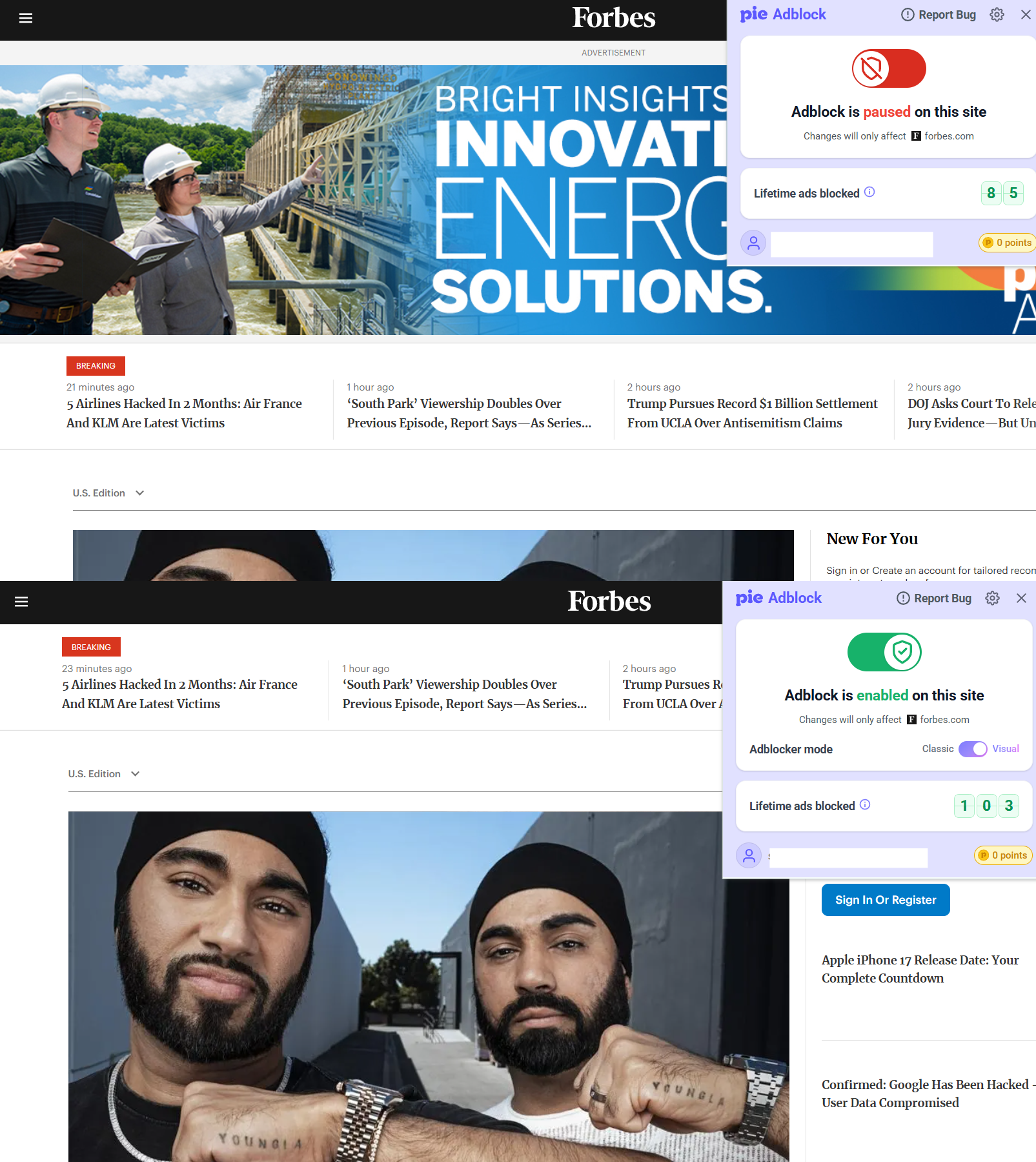 Forbes homepage, first with Pie Adblock extension paused and then with Pie Adblock extension enabled.