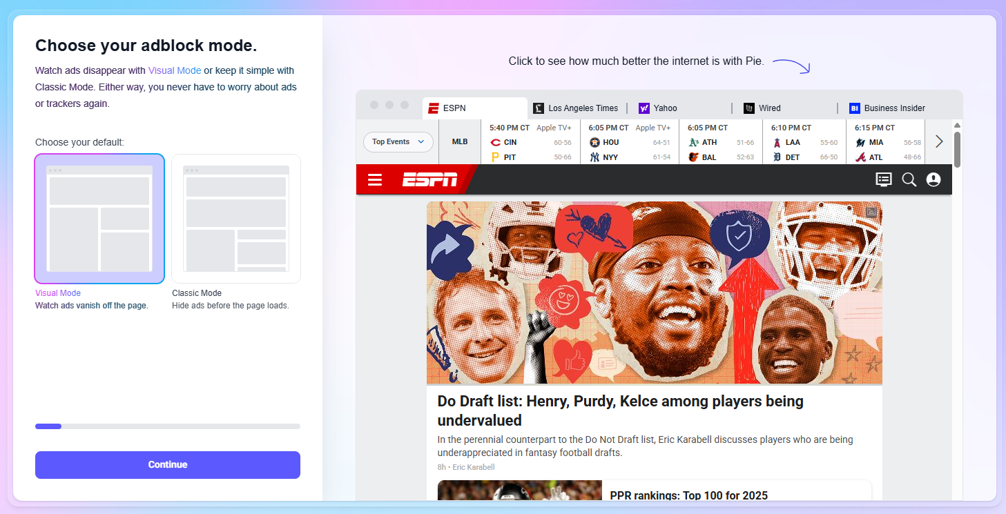 Pie Adblock setup page with option to choose Vanish mode or Classic mode