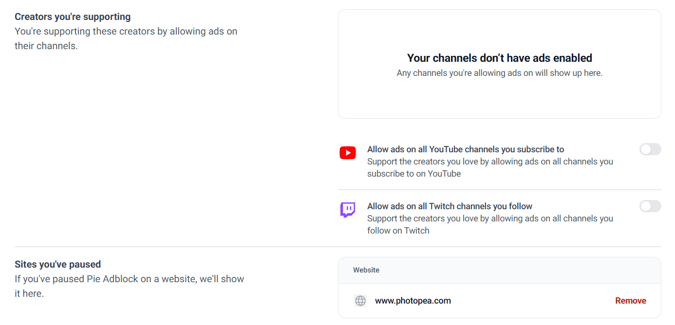 Pie Adblock whitelisting settings for YouTube and in general