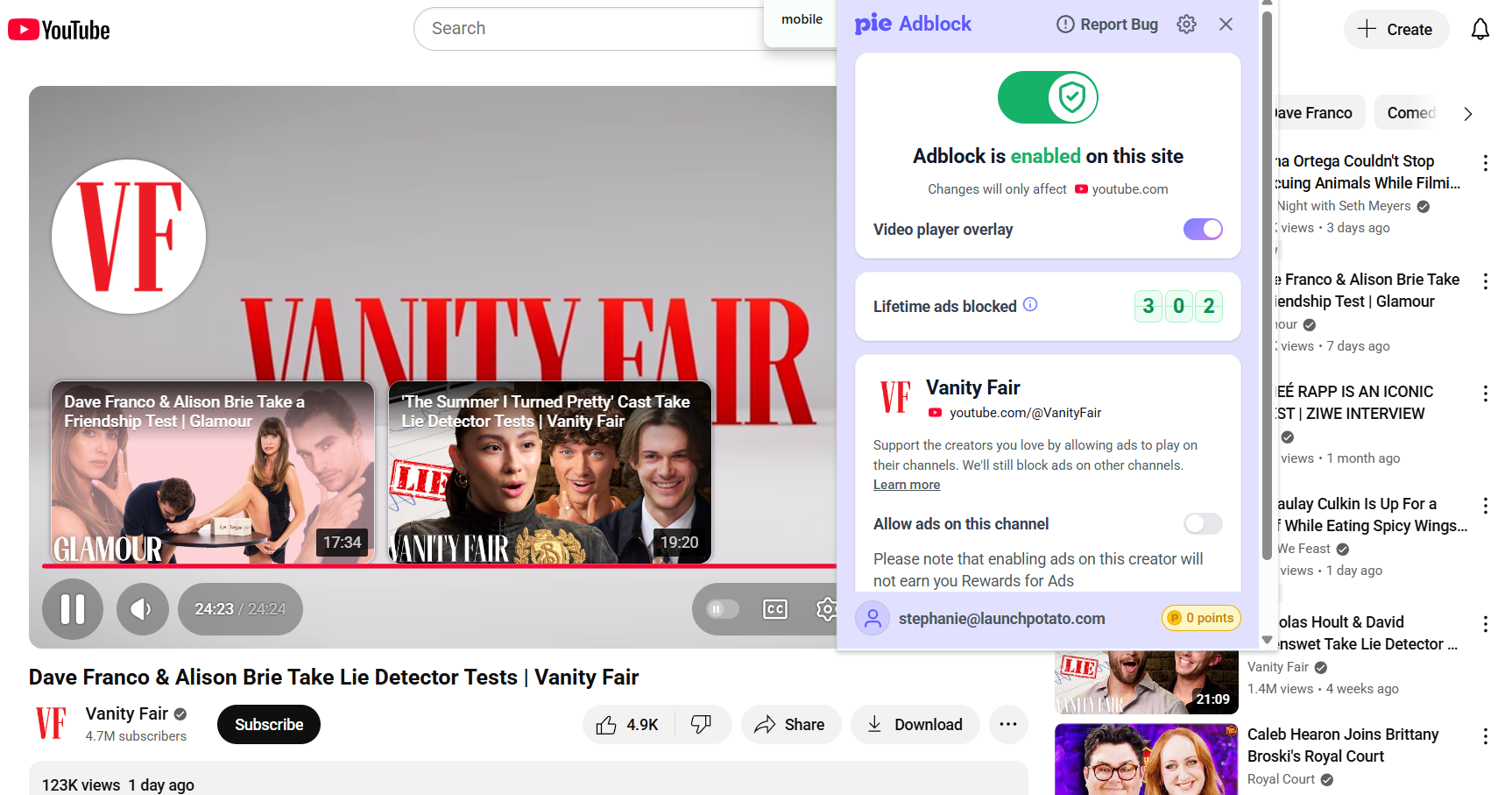 End of a YouTube video with Pie Adblock extension open in the foreground