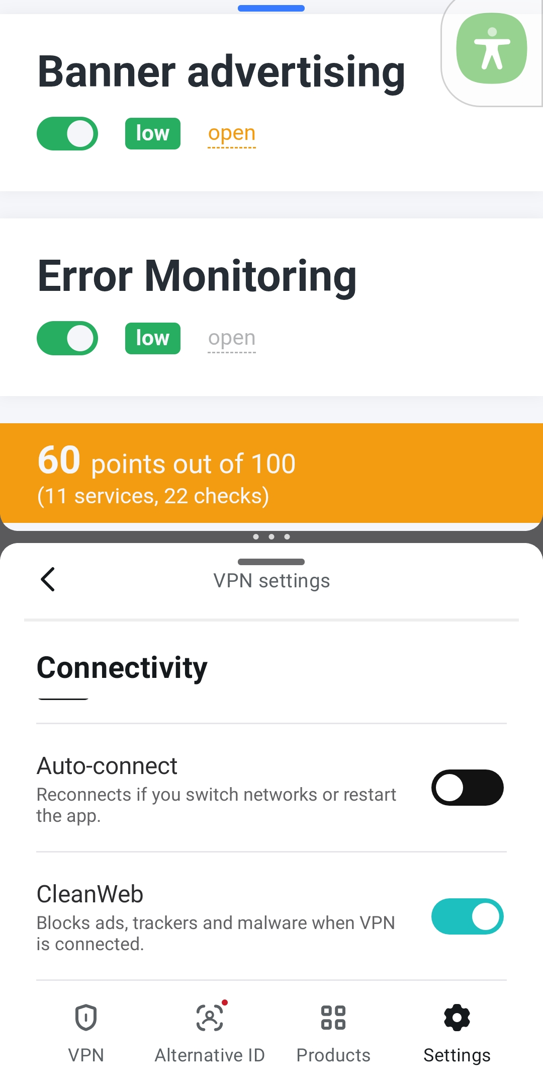 Surfshark CleanWeb's AdBlock Tester results for mobile (60/100).