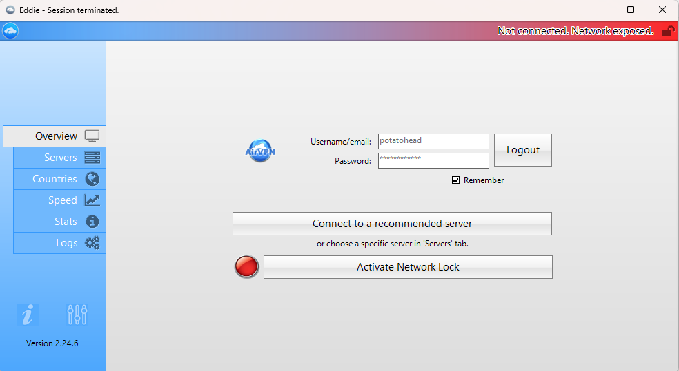AirVPN dashboard not connected