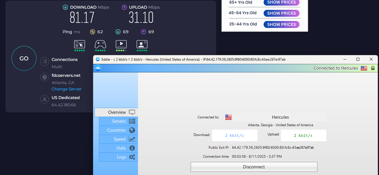 AirVPN speed test US to US