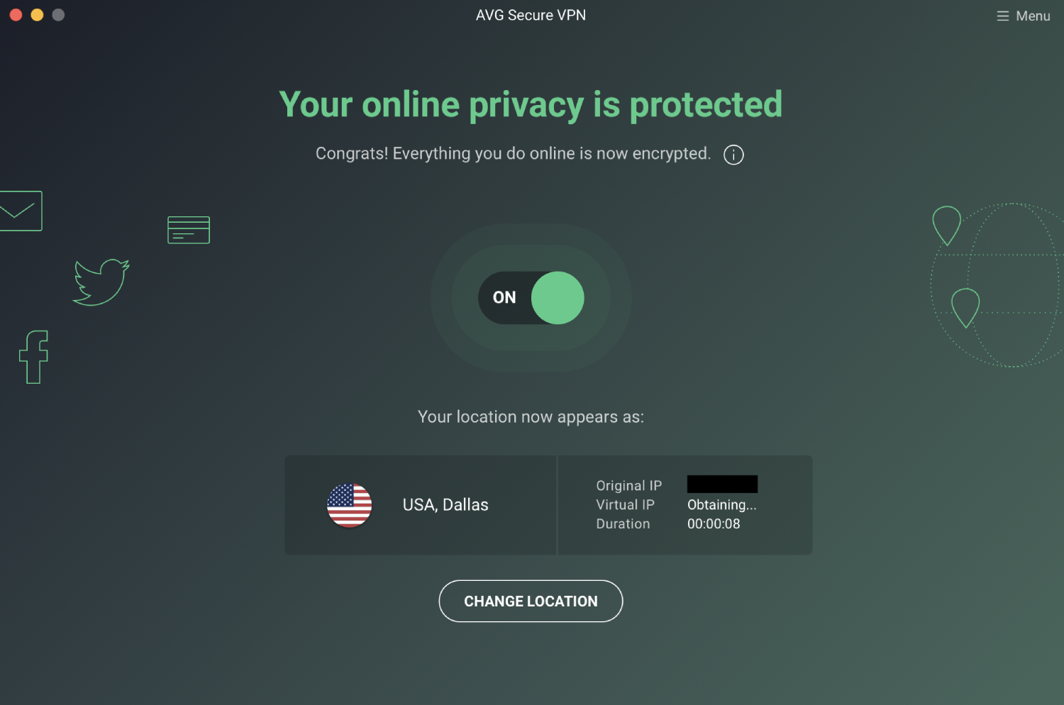 AVG Secure VPN's dashboard (connected to optimal server)