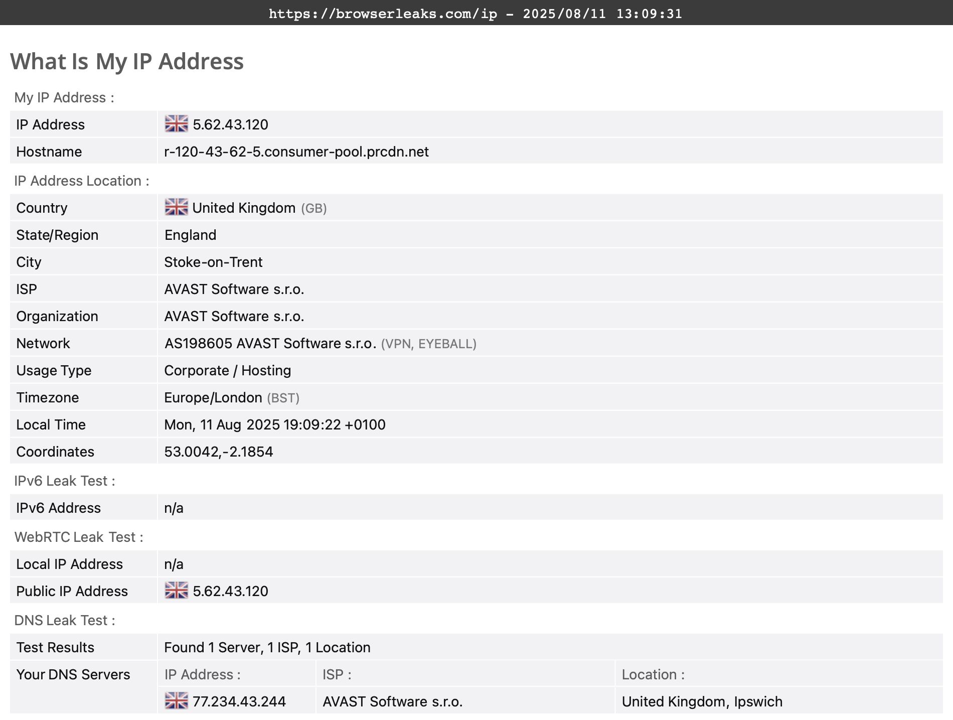 AVG Secure VPN's DNS leak test results.