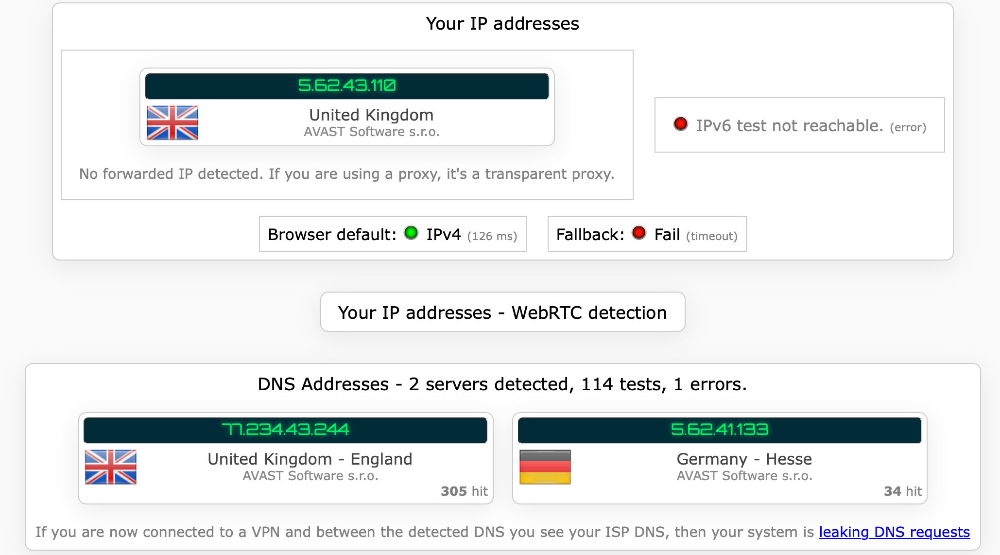 AVG Secure VPN's kill switch test results (pass).