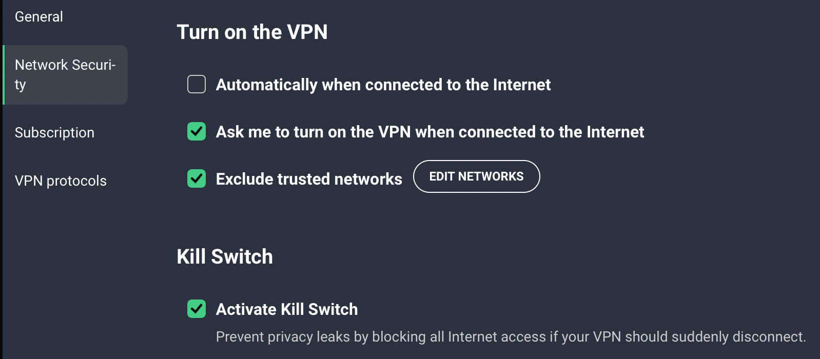 AVG Secure VPN's network security settings