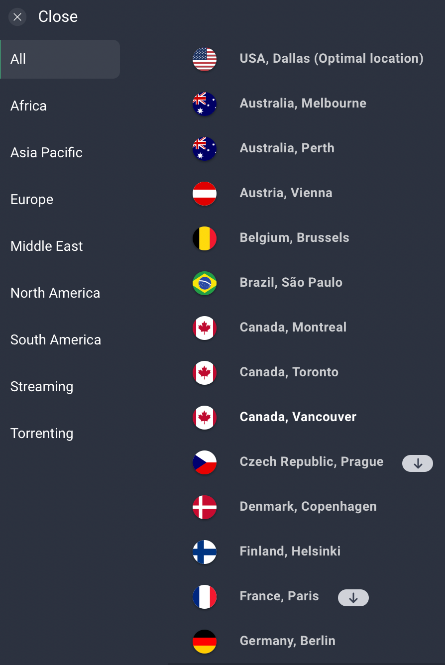 AVG Secure VPN's server list tab