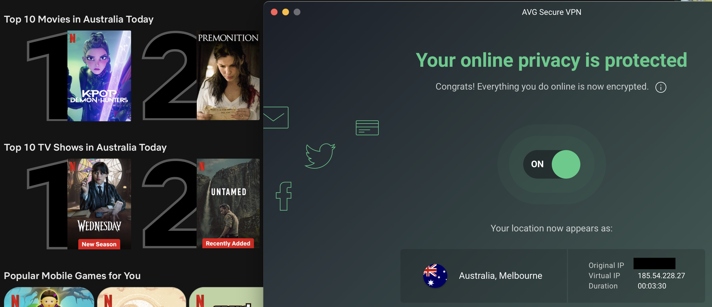 Netflix list of top shows and movies in Australia today with AVG Secure VPN in the foreground