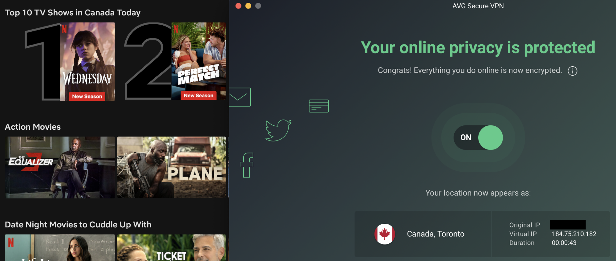 Netflix list of top shows in Canada today with AVG Secure VPN in the foreground