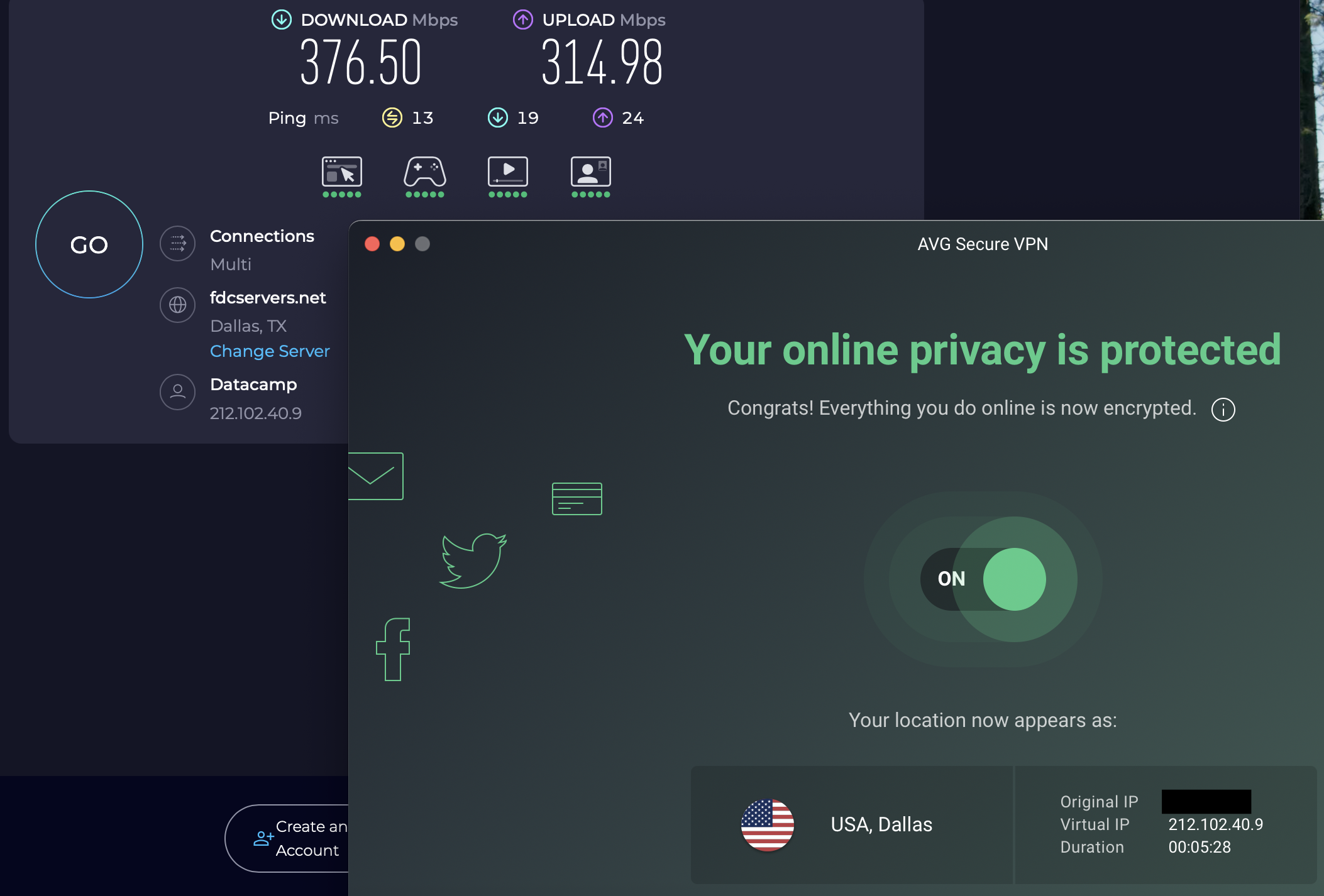 Speed test results for AVG Secure VPN while connected to a server in Dallas (376.50 download, 314.98 upload, 13 ping)