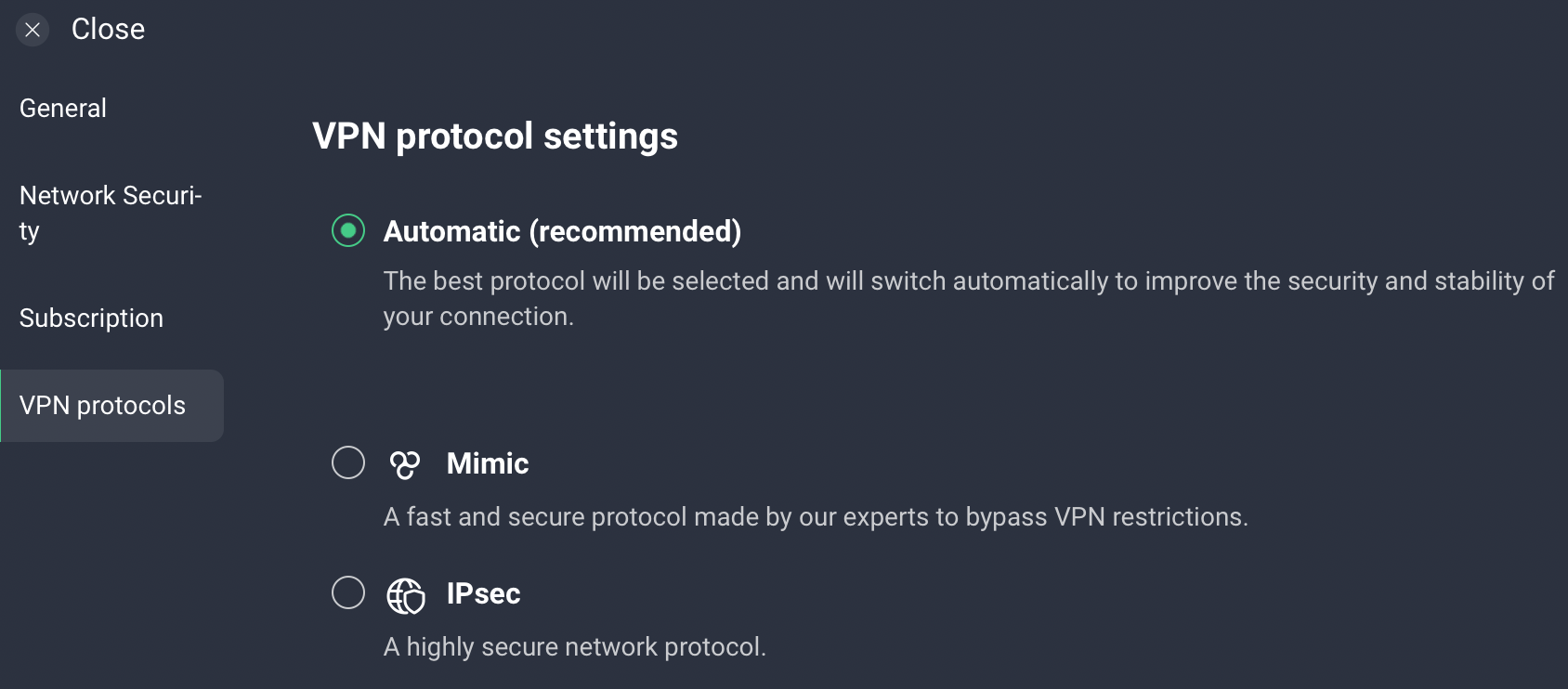 AVG Secure VPN's VPN protocl settings