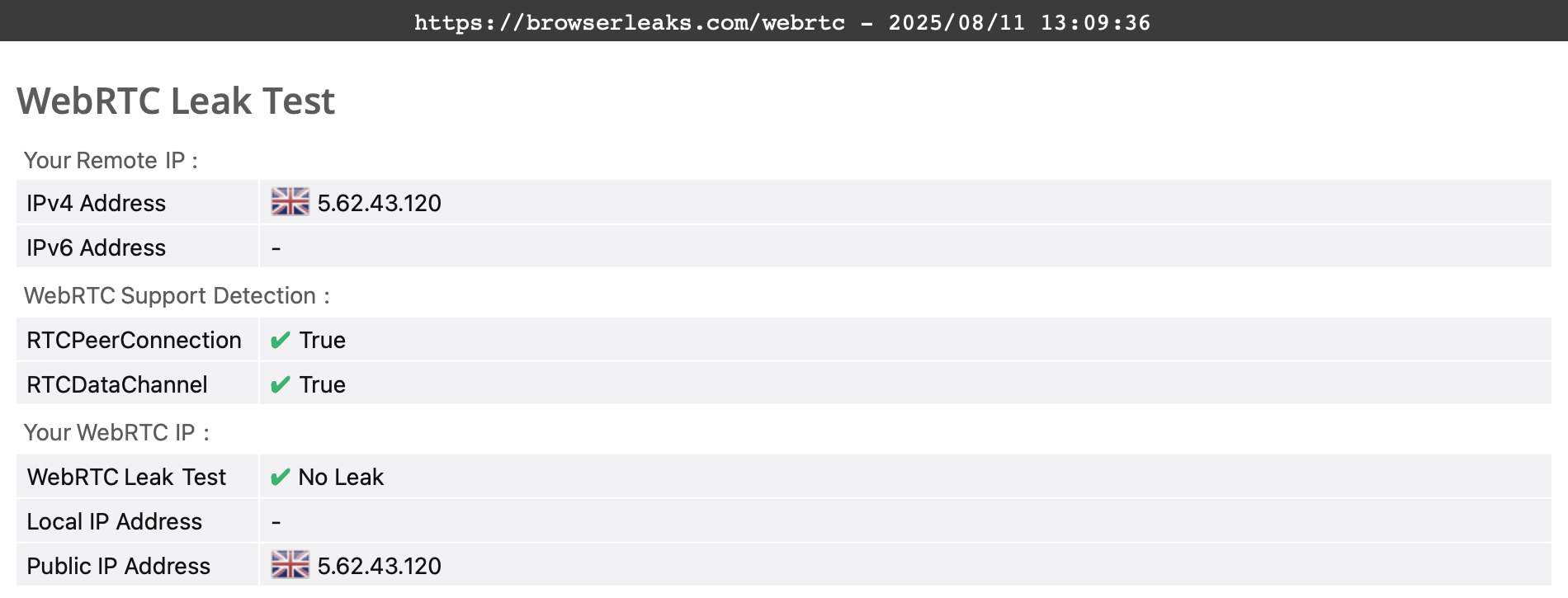 AVG Secure VPN's WebRTC leak test results (pass).