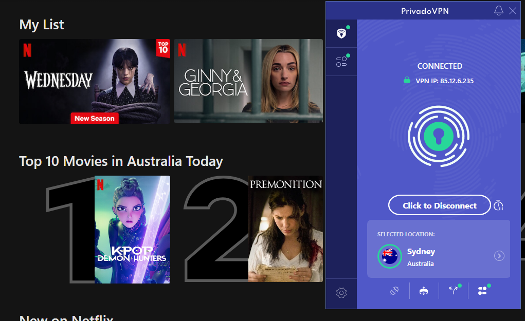 PrivadoVPN Netflix test connected to AU server