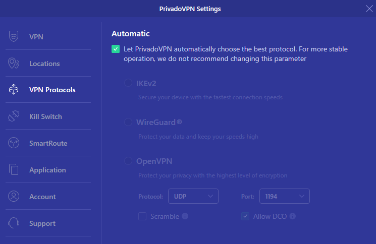 PrivadoVPN protocols list