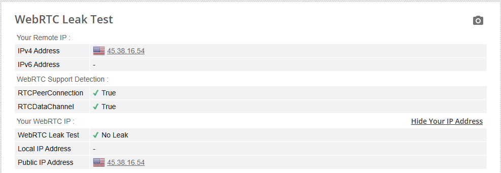 PrivadoVPN WebRTC leak test passed