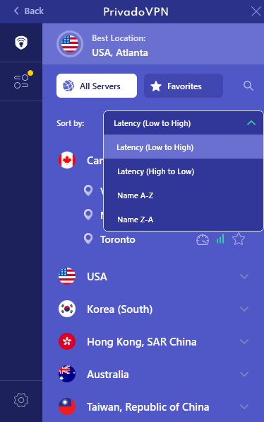 PrivadoVPN sort servers by latency or connect best location