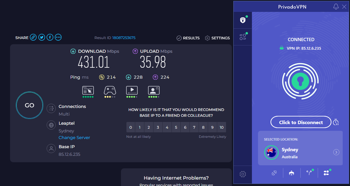 PrivadoVPN speed test USA to Sydney, Australia