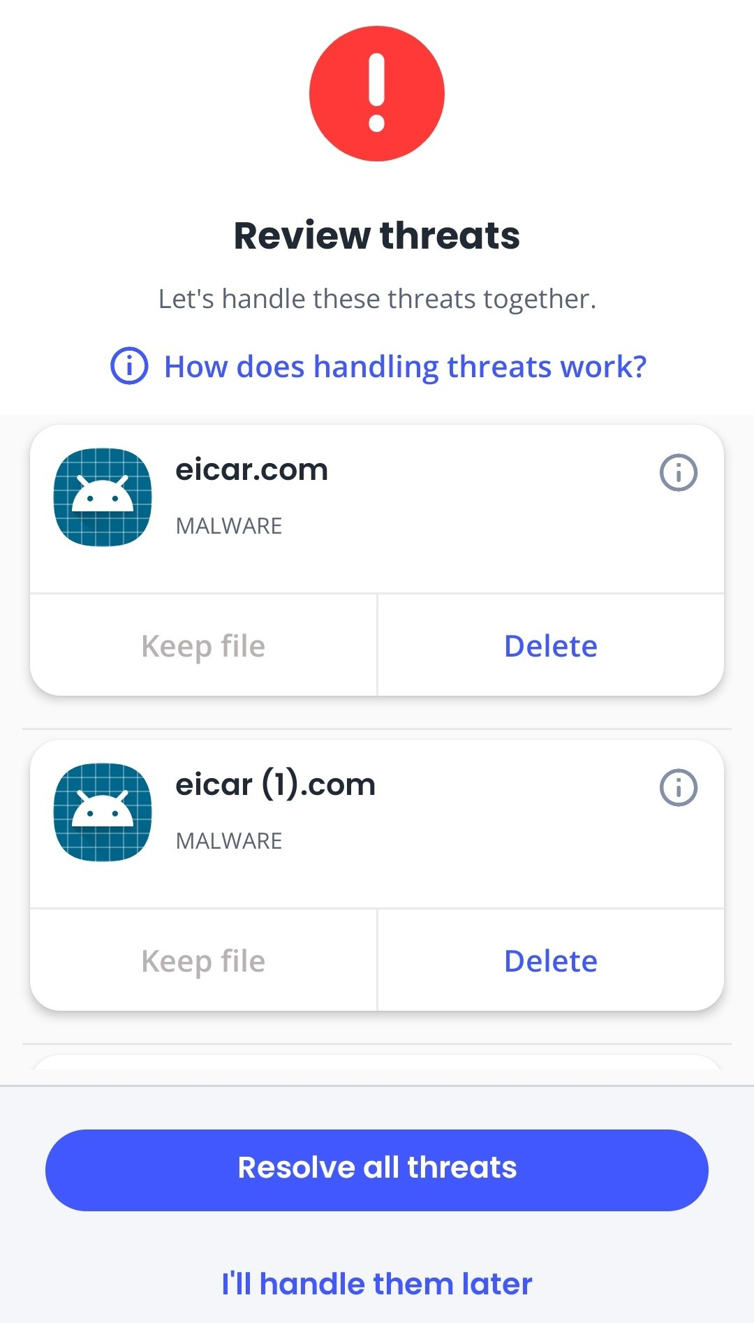 McAfee Android app antivirus scan results (8 threats found)