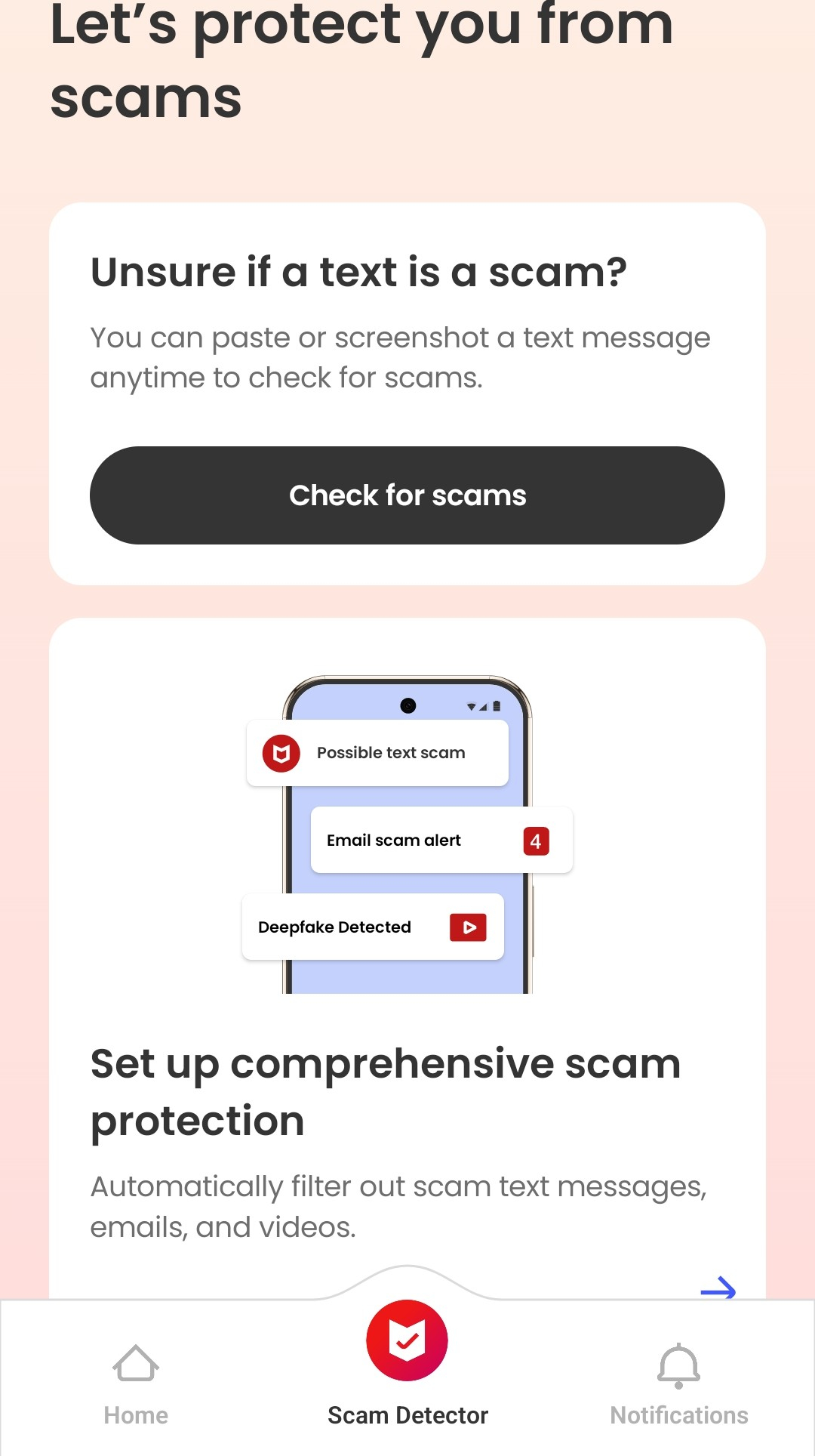 McAfee Android App open on Scam Detector tab