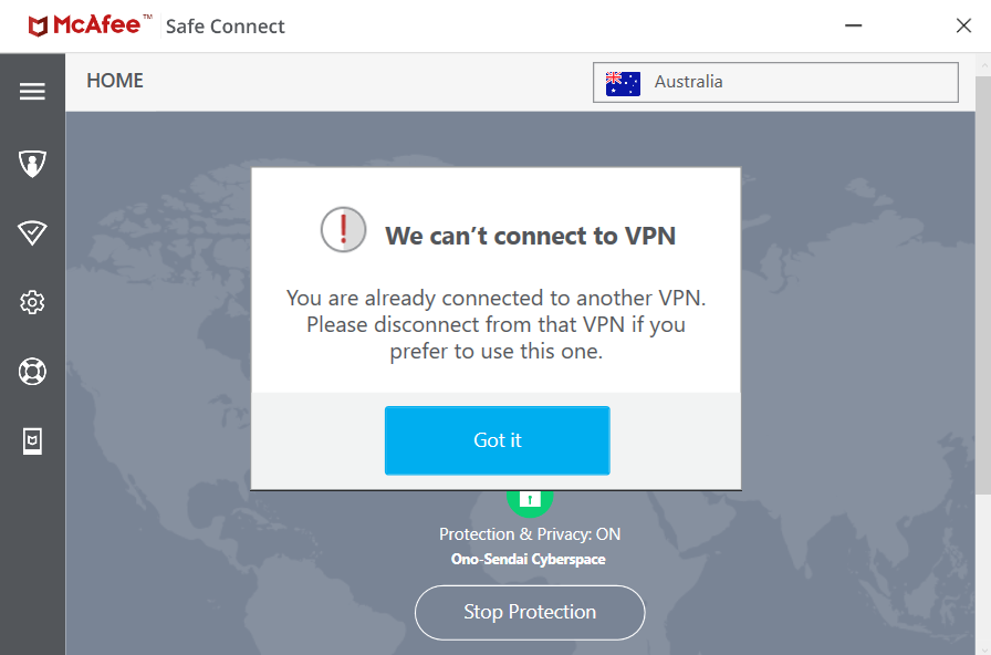 McAfee Safe Connect VPN pop-up window detecting another VPN