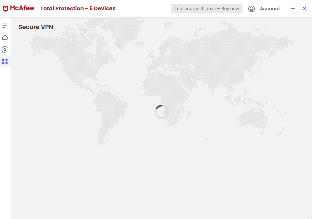 McAfee Total Protection app open on Secure VPN tab (loading endlessly)