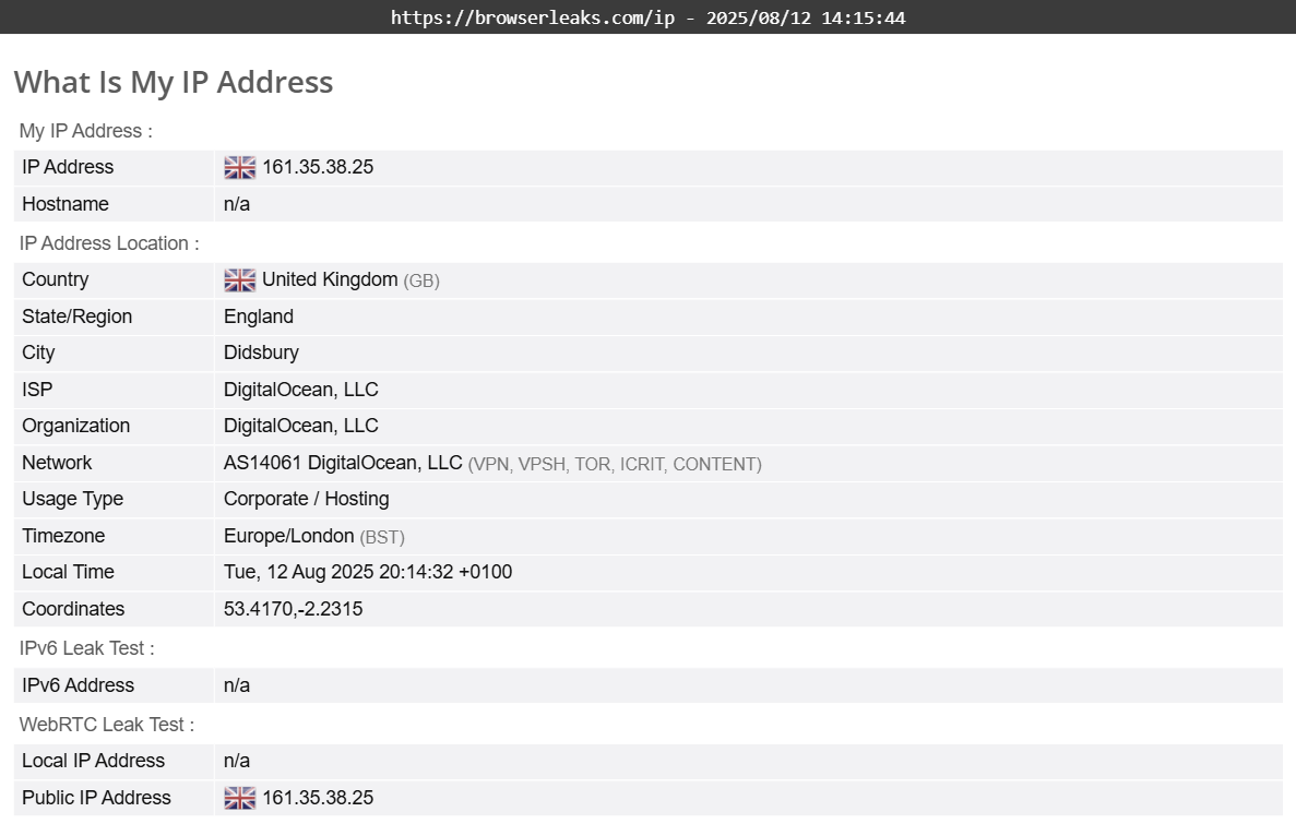 McAfee Safe Connect VPN's DNS leak test results (pass)