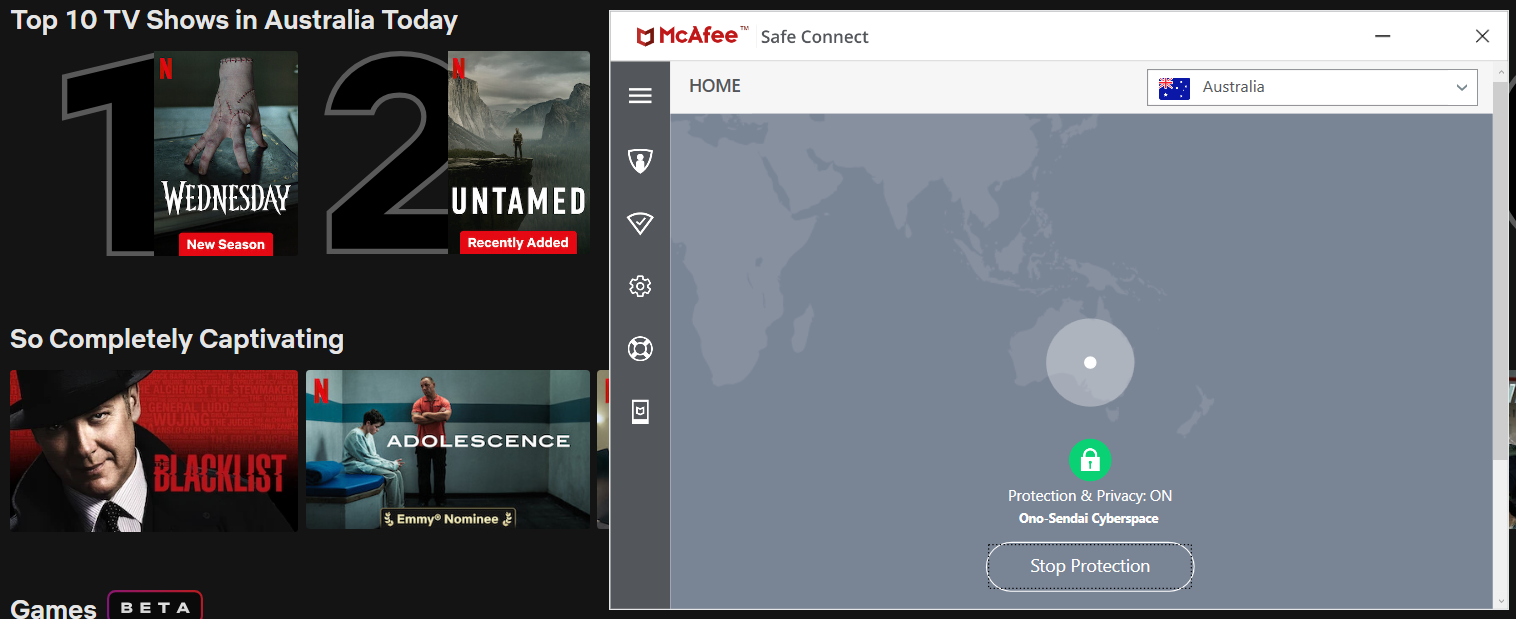 Netflix list of top shows in Australia today with McAfee VPN in the foreground