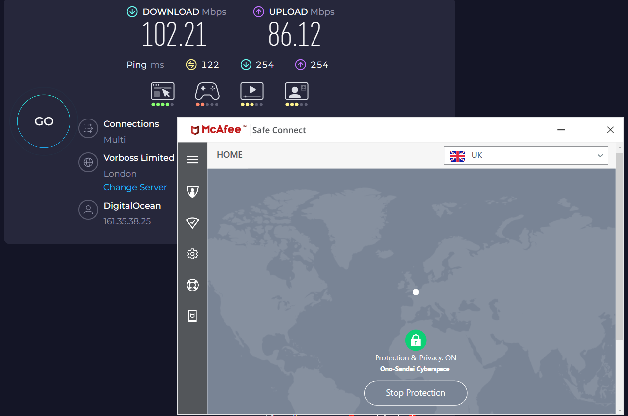 Speed test results for McAfee Safe Connect VPN (102.21 download, 86.21 upload, and 197 ping)
