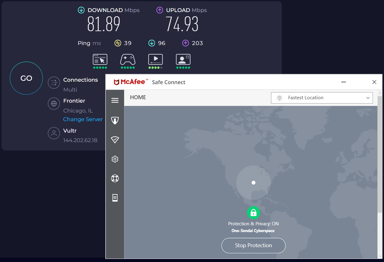 Speed test results for McAfee Safe Connect VPN while connected to a server in Chicago (81.89 download, 74.93 upload, and 39 ping)