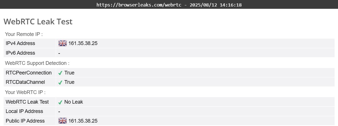 McAfee Safe Connect VPN's WebRTC leak test results (pass)