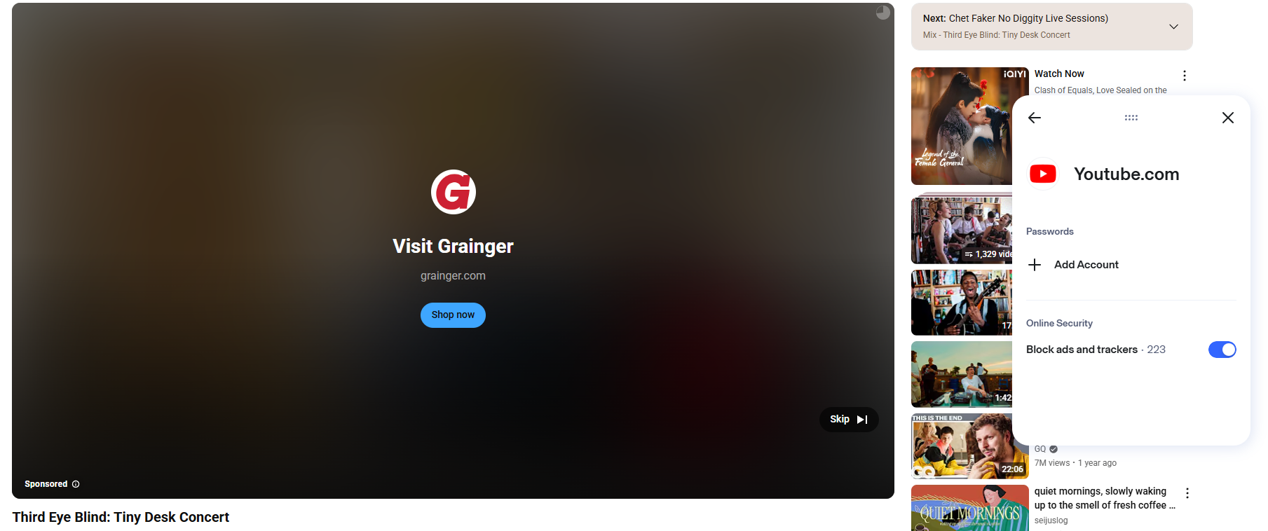 Aura blocking YouTube video ad from running and offering the ability to skip the static screen
