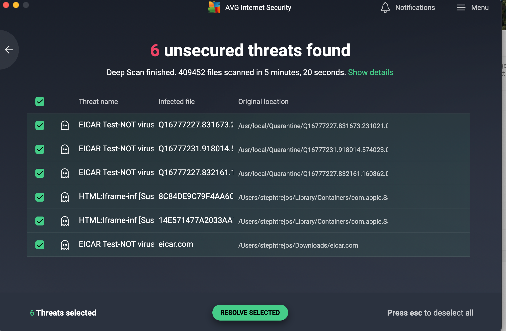 AVG Deep Scan results (6 unsecure threats found)