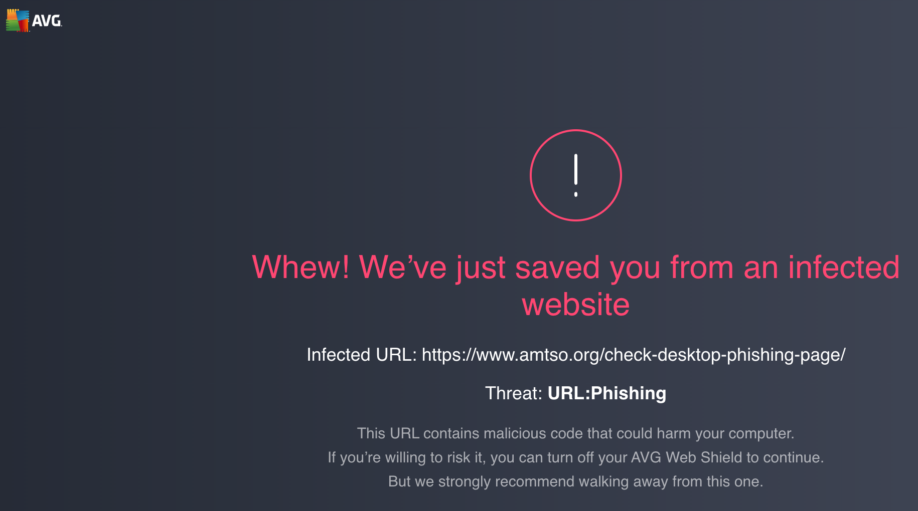 Warning from AVG Web Shield indicated a phishing threat was blocked