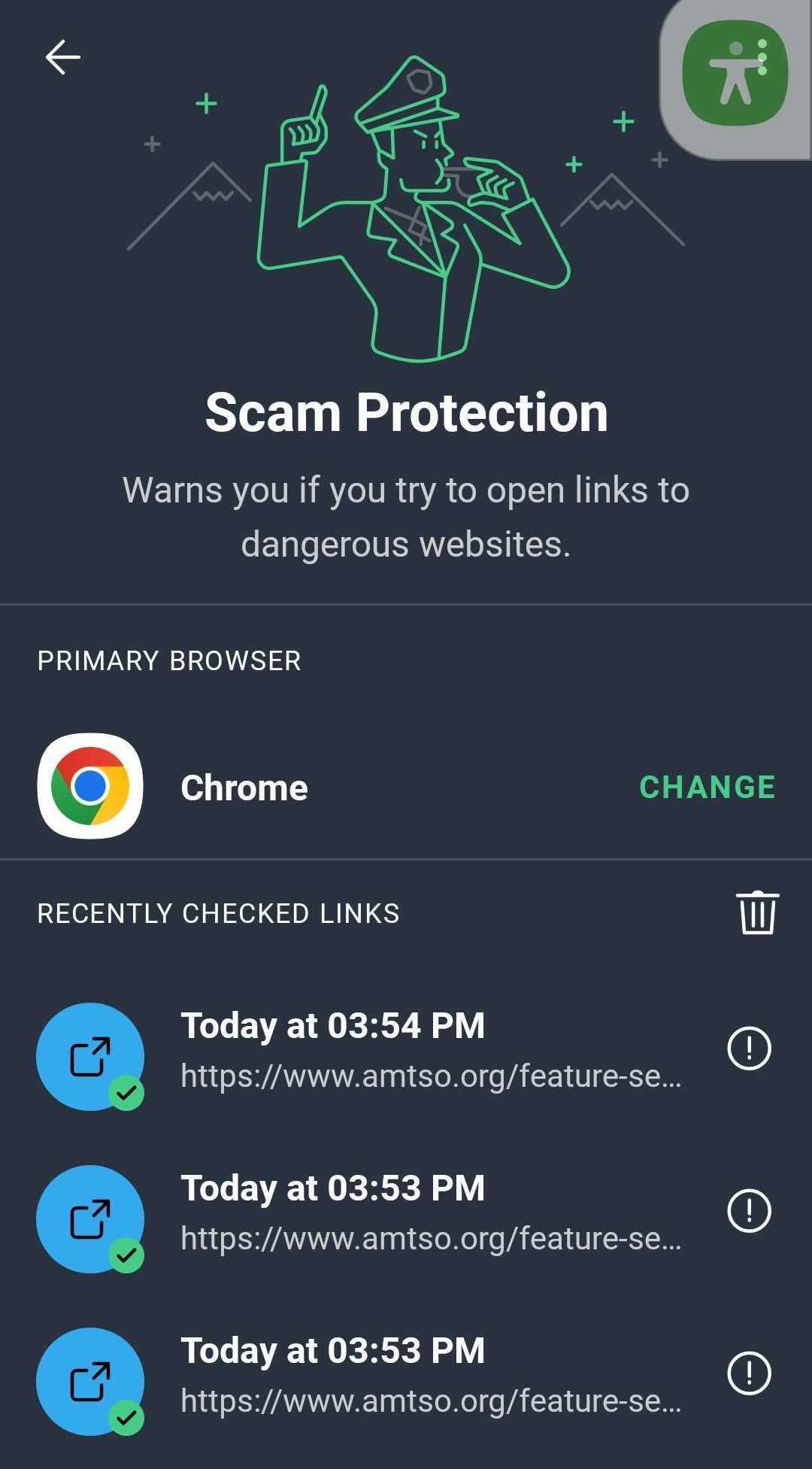 AVG Android app on Scam Protection feature tab