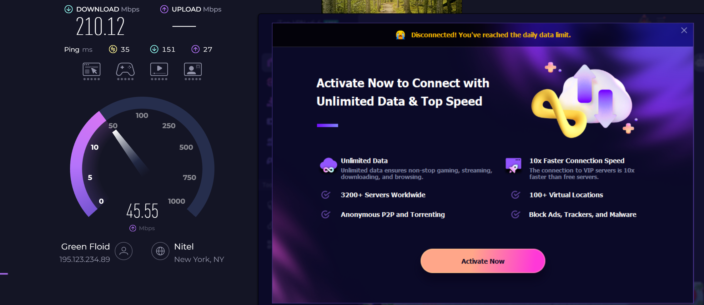 iTop VPN free bandwidth running out during speed test