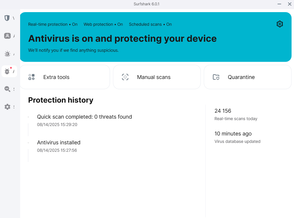 Surfshark dashboard open on Antivirus tab. 