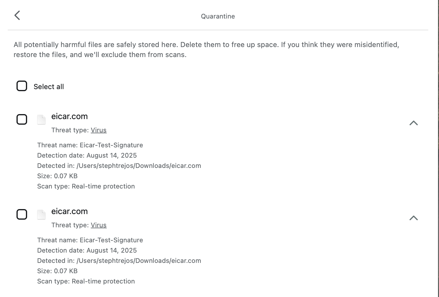 Surfshark Antivirus quarantine tab (two eicar files)