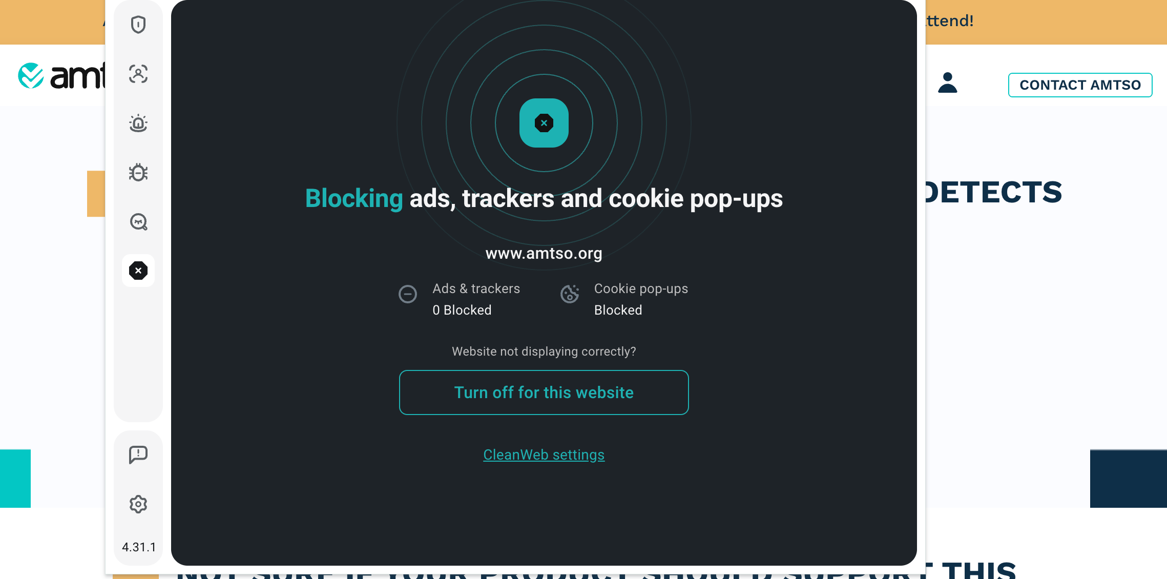 EICAR phishing test site with Surfshark extension open on CleanWeb tab