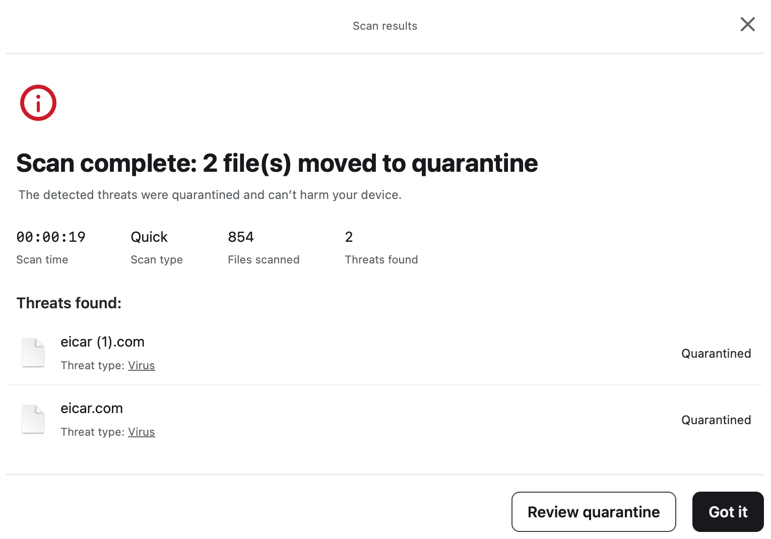 Surfshark Antivirus Quick Scan results (2 threats found).