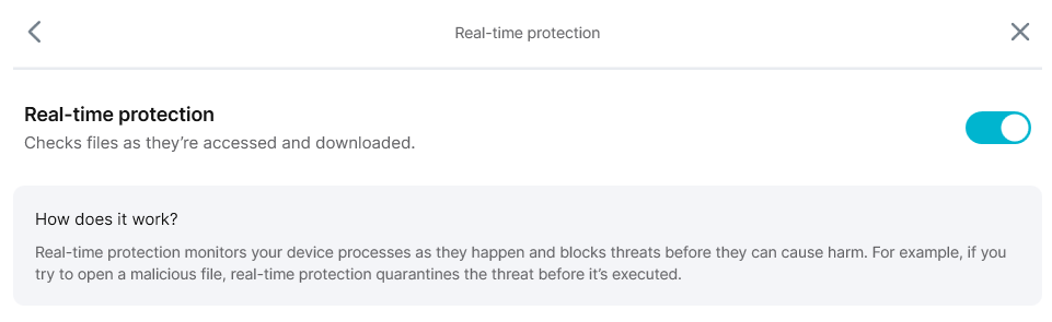 Surfshark Antivirus real-time protection tab and toggle